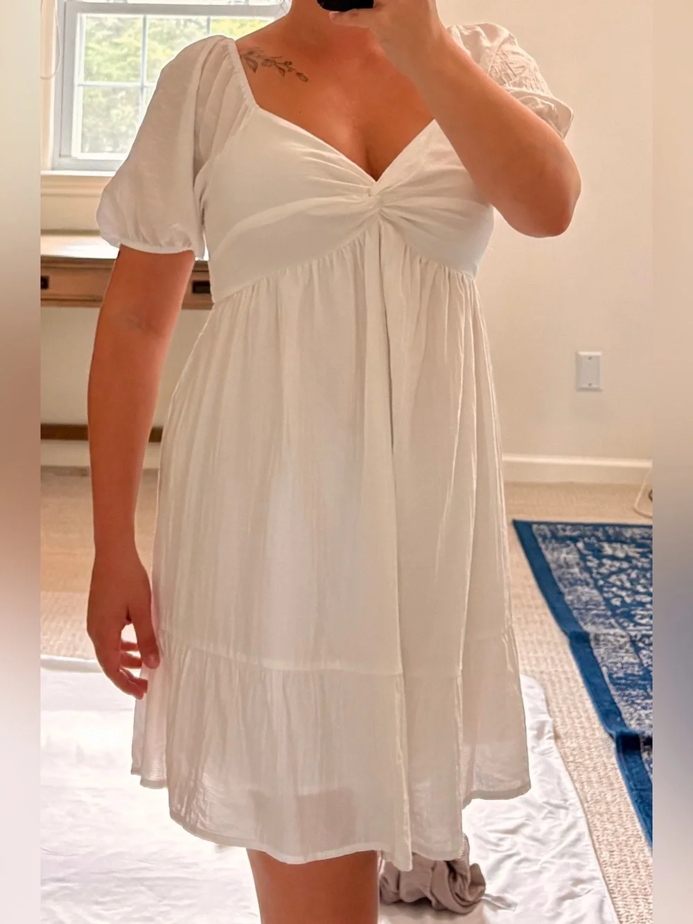Altar'd State Ivory Puff-Sleeve Twist-Front Mini Dress
